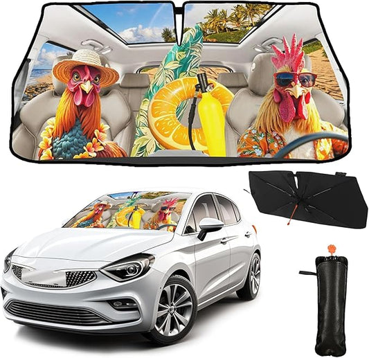 CHILL·TEK Funny Animal Car Windshield Sun Shade Umbrella, Funny Rooster Car Sun Shade Umbrella, Block UV Rays Heat Foldable Windshield Umbrella Sun Visor Protector - Keep Vehicle Cool for Cars SUV