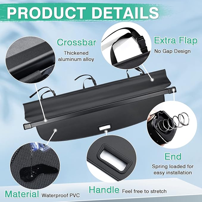 Powerty Retractable Cargo Cover for 2018-2024 VW Atlas(NOT for Cross Sport), Canvas Texture Trunk Cover Privacy Screen Rear Security Shade for Volkswagen Atlas Accessories(with Extented Cover)