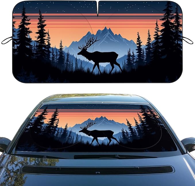 Elk Car Windshield Sunshades Mountain Sunset Forest Starry Night Silhouette Front Window Sun Shade Blocks UV Rays Sun Visor Protector for Car Sedan Truck SUV Accessories 59" L x 31.5" W