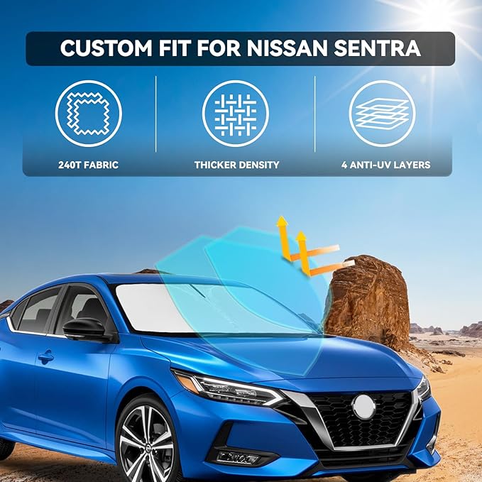 for Nissan Sentra 2020-2025 Windshield Sun Shade - 4 Layers Car Sunshades for Front Windows Shade Cover Custom Fit Sentra Sun Visor 250T Retractable Shade Blocks UV Rays Car Accessories