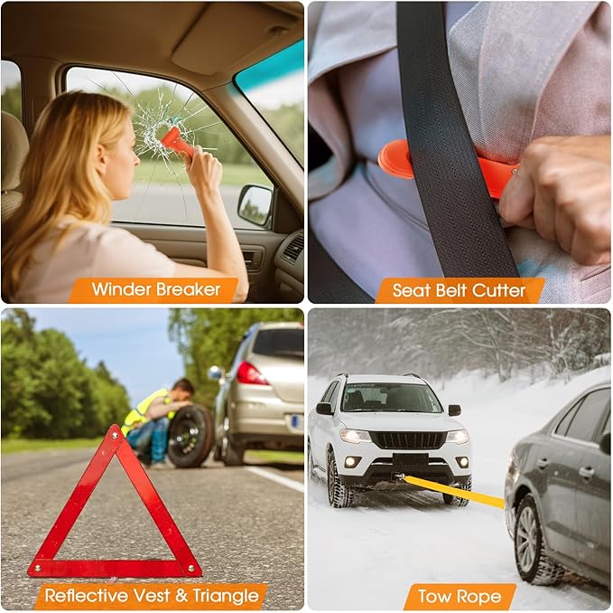 Emergency Car Kit,Roadside Emergency Tool Kit for Vehicle Truck with Air Compressor Jumper Cable First Aid Kit,Winter Auto Road Side Kit Women Men Car Travel Safety Assistance Survival Essentials Kit