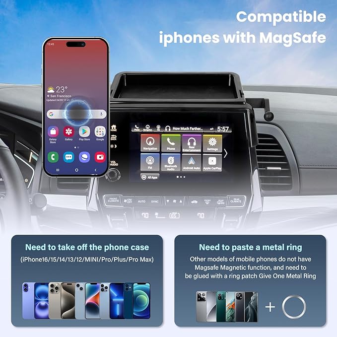 Magnetic Car Phone Holder W/Center Console Organizer-Compatible with Honda Odyssey 2018-2024 Accessories Screen Fixed Clip,360°Rotation Phones mount Stand Compatible with MagSafe,(Not Fit 5 inch )