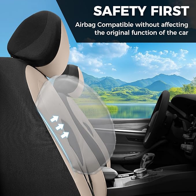 FLORICH Car Seat Covers Full Set, Universal Seat Cover 5 Seats, Automotive Seat Covers with Mesh Leather, Waterproof Car Seat Protector, Breathable Car Seat Cushion for Most Car SUV Truck, Beige