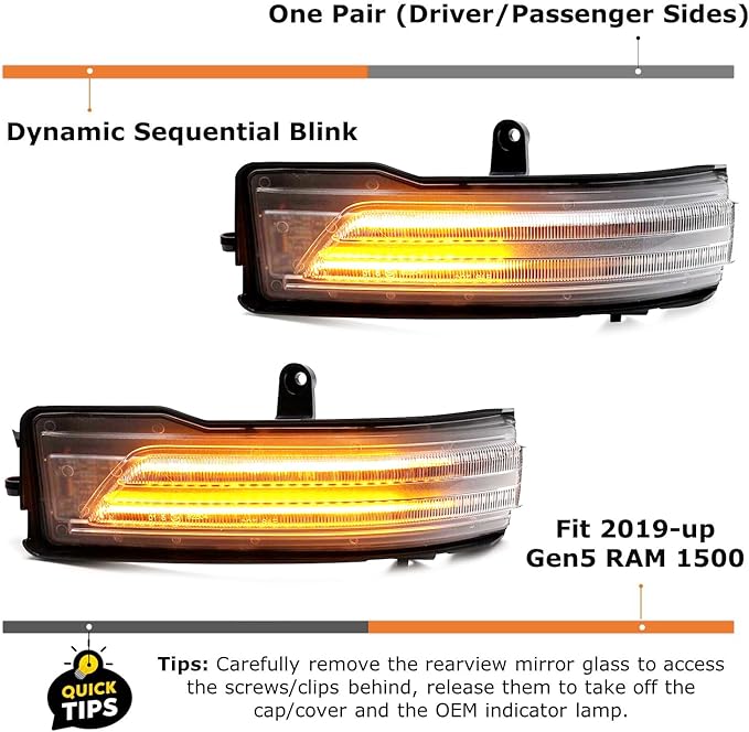 iJDMTOY Semi-Clear Lens Dynamic Sequential Blink/Flow Full LED Side Mirror Turn Signal Light Assembly Kit Compatible with 2019-up Dodge RAM 1500