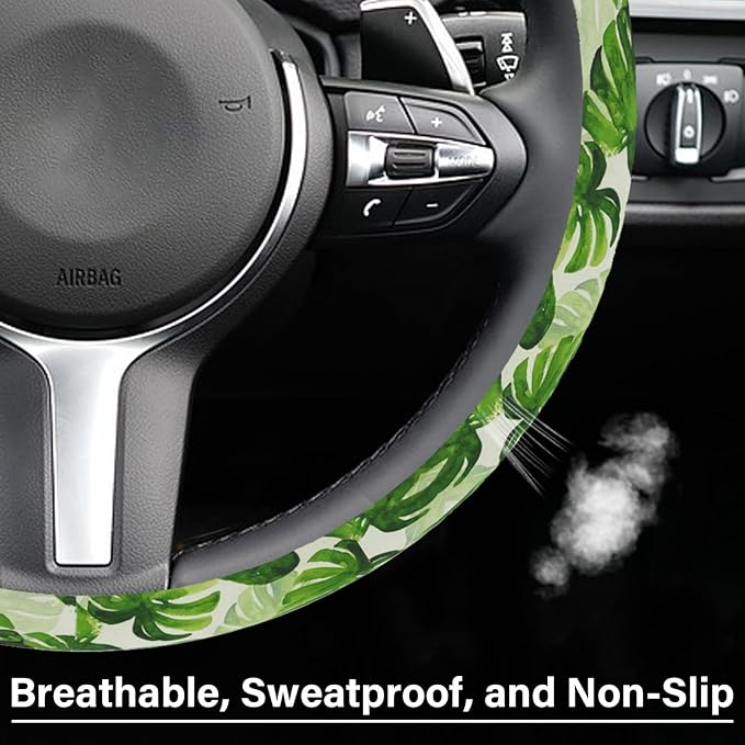 Green Palm Leaves Steering Wheel Cover, Cute Print Steering Wheel Cover Protector, Ultra Thin Breathable Non-Slip, Car Accessories for Women, for Steering Wheel with a Diameter of 14.5"-15"