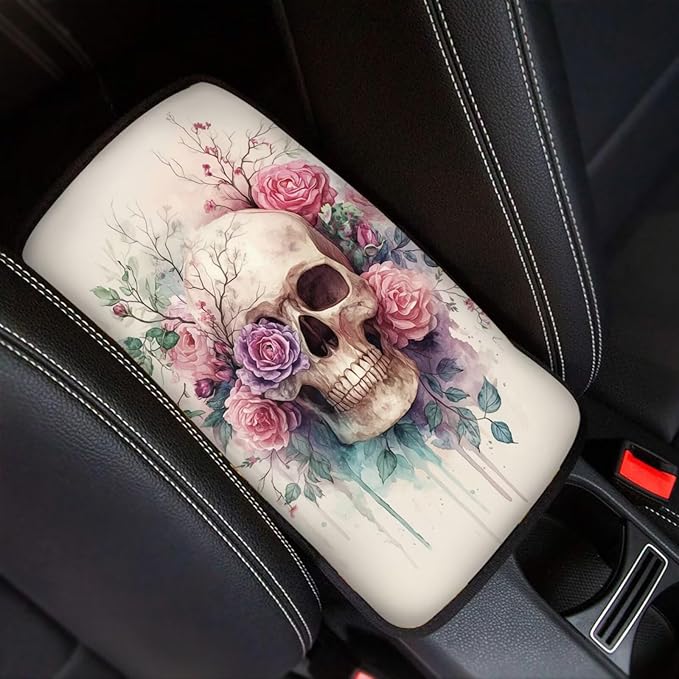 Skull Rose Print Armrest Cushion Cover for Car Neoprene Car Center Console Cushion Pad Non Slip Decorative Armrest Seat Box Cover for SUV Truck Sedan