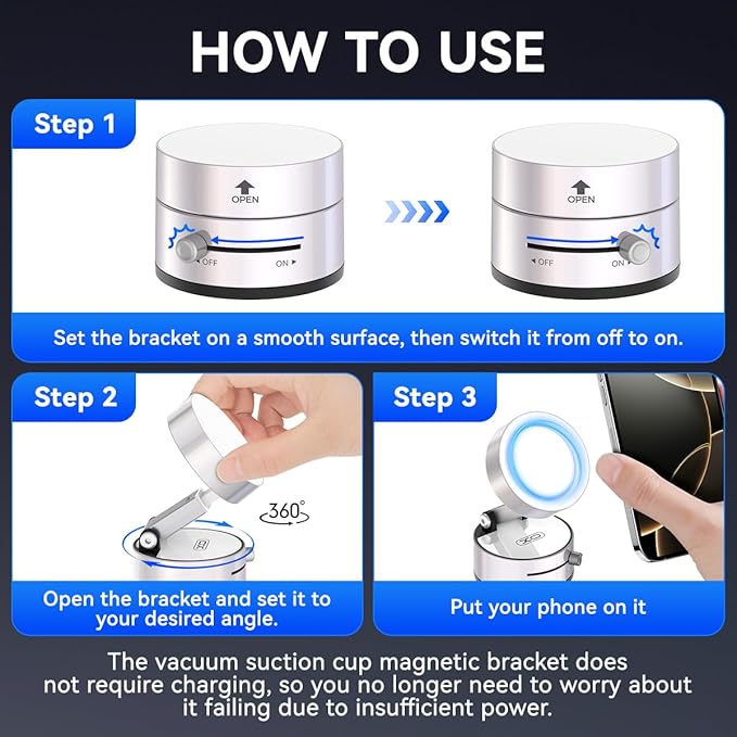 Vacuum Magnetic Suction Phone Holder,Upgraded 360° Adjustable Suction Cup Car Phone Mount,Hands-Free Cell Phone Holder for Car/Gym/Mirror/Smooth Surface,Compatible with iPhone 16/15/14/13/12 （white)