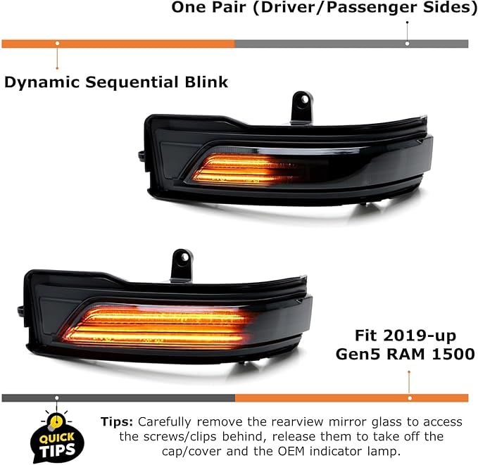 iJDMTOY Smoked Lens Dynamic Sequential Blink/Flow Full LED Side Mirror Turn Signal Light Assembly Kit Compatible with 2019-up Dodge RAM 1500