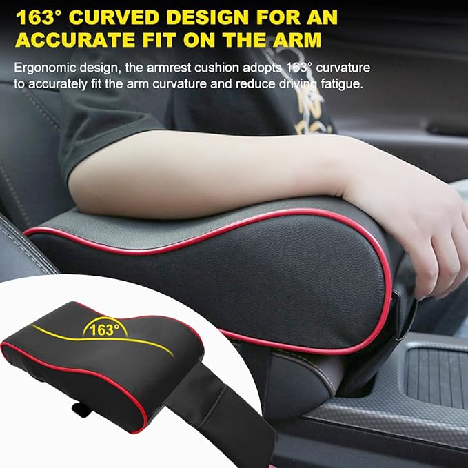Car Armrest Cushion, Soft Memory Foam Auto Armrest Pillow with Storage Bag, Leather Center Console Arm Rest Padded Cushion with Phone Holder, Universal Car Accessories (Black&Red)