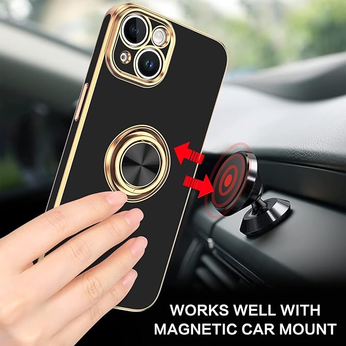 VENINGO iPhone 14 Case,Phone Case for iPhone 14,Slim Fit Soft 360° Ring Holder Kickstand Magnetic Car Mount Supported Easy Clean Shockproof Protective Cover for iPhone 14 6.1" 2022, Black/Golden