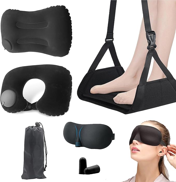 Portable Travel Sleep Comfort Set for Plane 2 Inflatable Travel Pillows,Foot Rest Hammock,Eye Mask Ear Plugs for Airplane Flight Essentials for Seat Airplane Gadgets for Sleep Comfort Kit