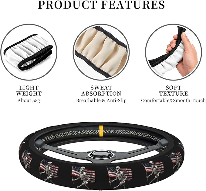 Ouqiuwa Skull and US Flag Steering Wheel Cover Women, Comfortable Elastic Steering Car Wheel Cover Fit 15 inches Universal Accessories Suvs Trucks Decor