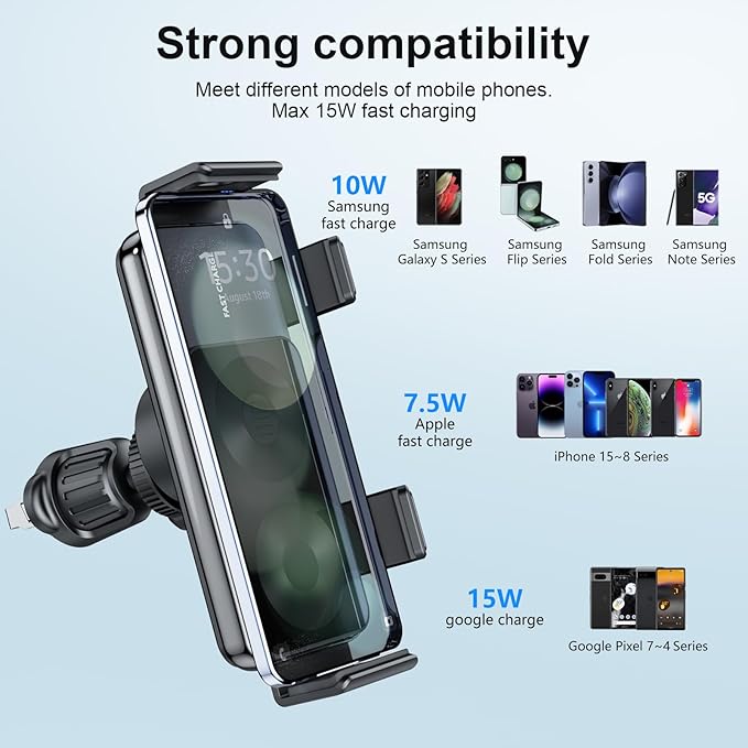 New Generation Scalable and Rotatable 15W Dual Coil Mobile Phone Wireless Car Charger,for Samsung Galaxy Z fold/flip/S/Note,Apple iPhone 8~17,Google Pixel 4~9,Compatible with 90% of Car Vents