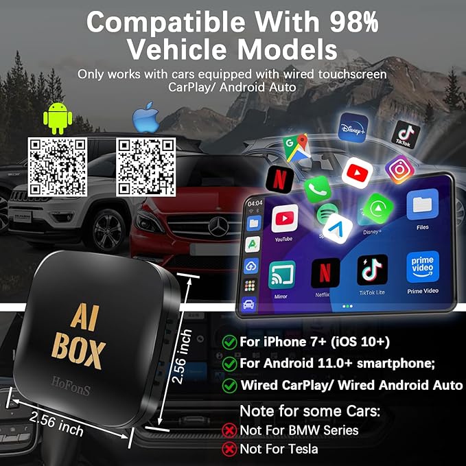 AI Box Carplay, 2+16GB Ai Magic Box for Streaming Netflix/YouTube/TikTok, Car Play Wireless Adapter Supports iPhone & Android Auto, Plug & Play, for Cars with OEM Wired CarPlay/Android Auto