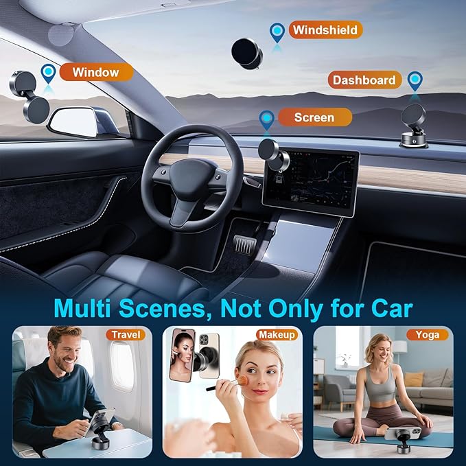 OOCC Vacuum Magnetic Phone Holders for Your Car, 360°Rotating Adjustable Magsafe Car Phone Mount, Foldable Magnetic Car Phone Holder for All Smartphones & All Car Models, Silver Grey