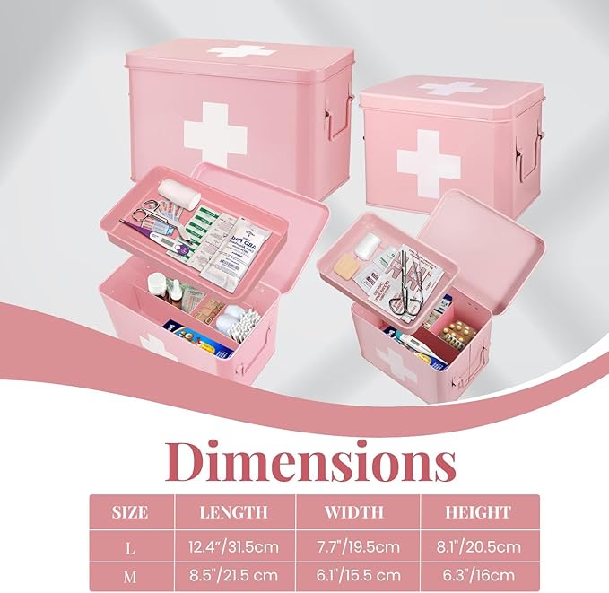 Flexzion First Aid Box Organizer, Empty 8.5 Inch Pink Vintage First Aid Kit Tin Metal Medical Box First Aid Storage Box Container Bins with Dividers, Removable Tray and Cross Logo