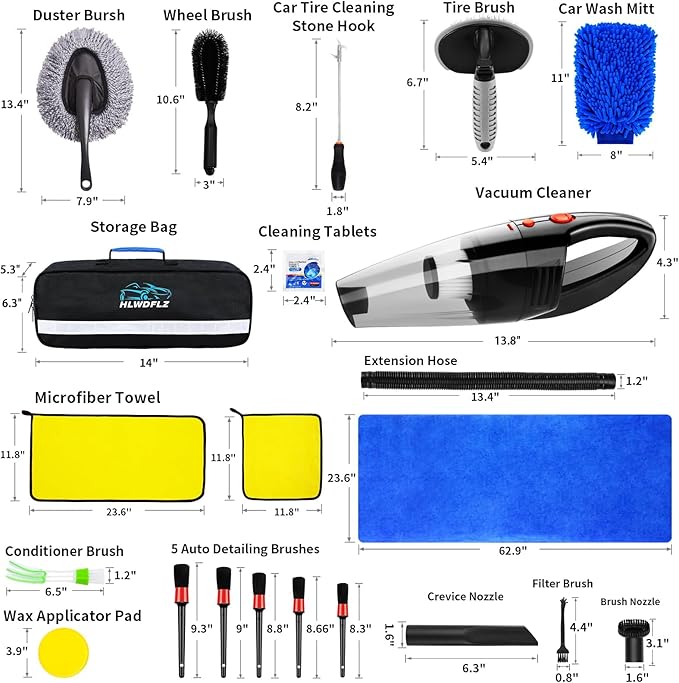 30PCS Car Wash Cleaning Kit - High Power Portable Car Vacuum Cleaner, Car Interior and Exterior Detailing Set withDuster, Brush, Towels, Wash Mitt