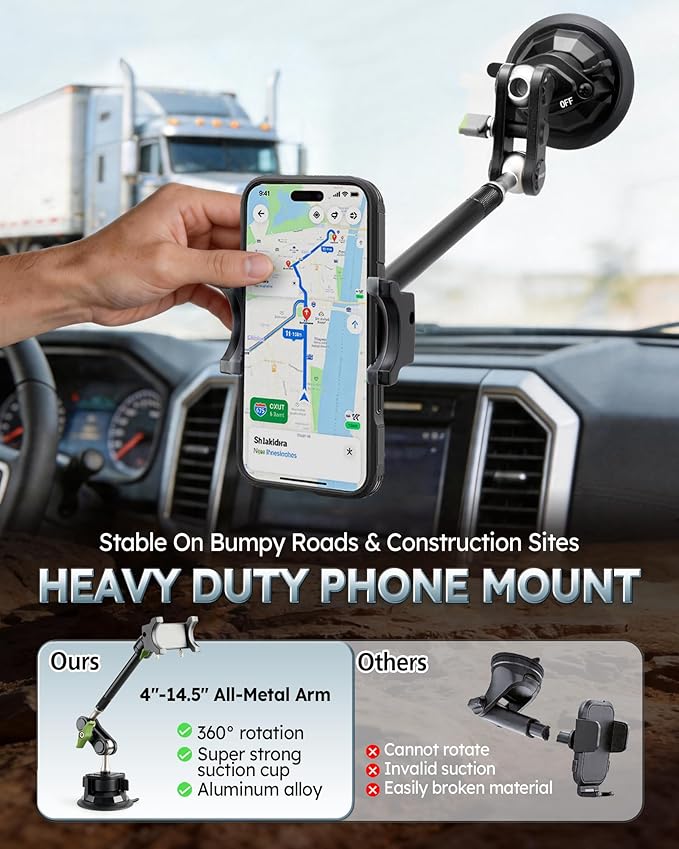 Heavy Duty Truck Phone Mount, Aluminum 360° Rotating Anti-shake Suction Cup Phone Mount, 14.5" Long Arm Metal Windshield Phone Holder for Car Truck Semi, Fits Thick Cases F-150 Silverado RAM Kenworth