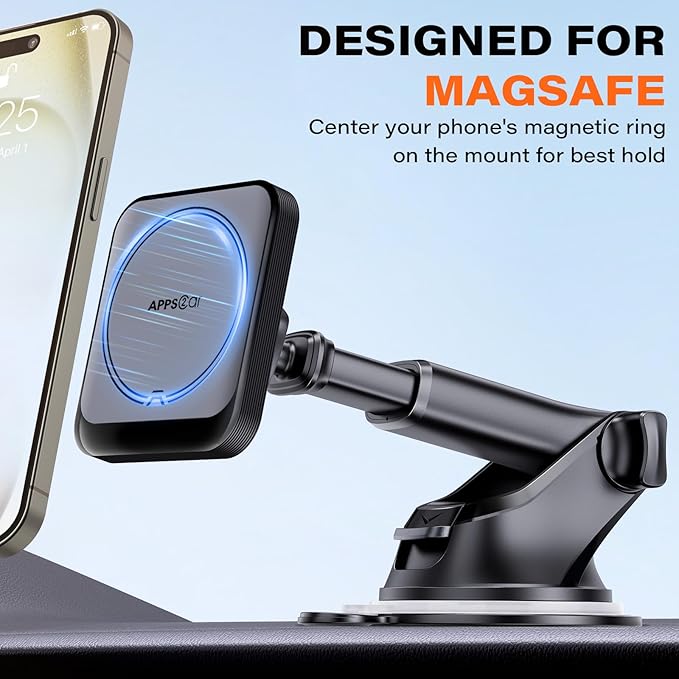 APPS2Car for MagSafe Car Mount, Magnetic Phone Holder for Car with Suction Cup, 17 Strong Magnets & Adjustable Arm, Dashboard & Windshield Phone Mount Compatible with MagSafe Case iPhone 12–17 Series