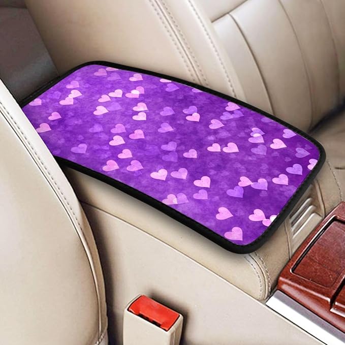 Heart Purple Car Center Console Cover Universal Car Armrest Cover Waterproof Auto Armrest Seat Box Mat Protector Decoration Car Center Console Cushion Pad for Most Vehicle SUV Truck