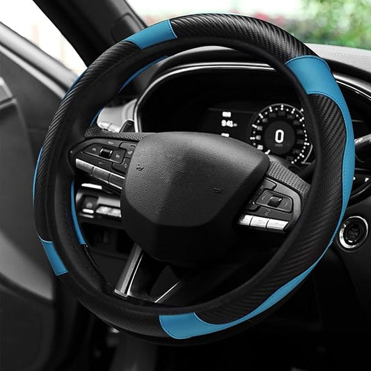15" Car Steering Wheel Cover, Carbon Fiber Leather Stitching Elastic Steering Wheel Protector, Anti-Slip/Breathable/Durable/Soft, Interior Accessories for Most Cars (Carbon Fiber Black+Blue)