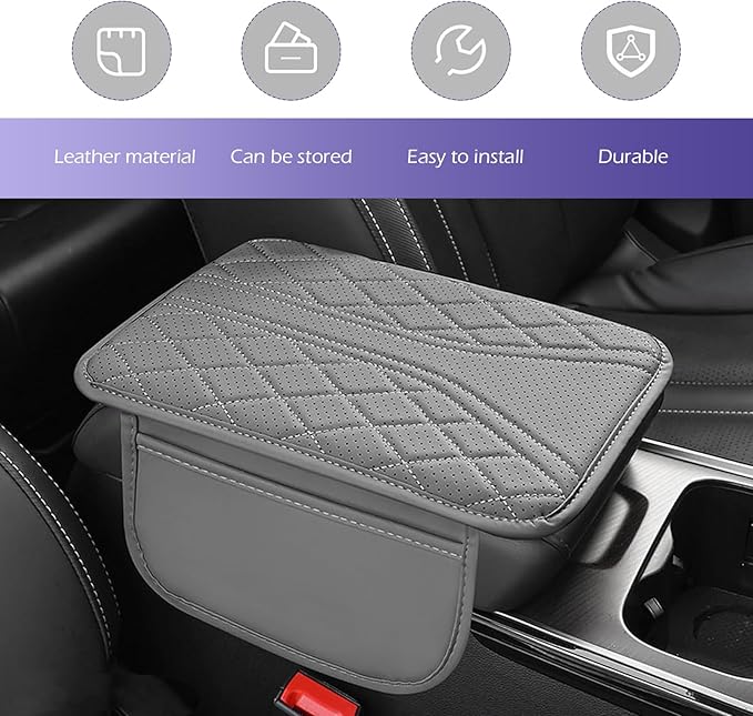 Car Center Console Cover, Leather Center Armrest Cover with Storage Bags, Automotive Heightening Console Protection Pad, Universal for Cars, Trucks, SUVs (Grey)