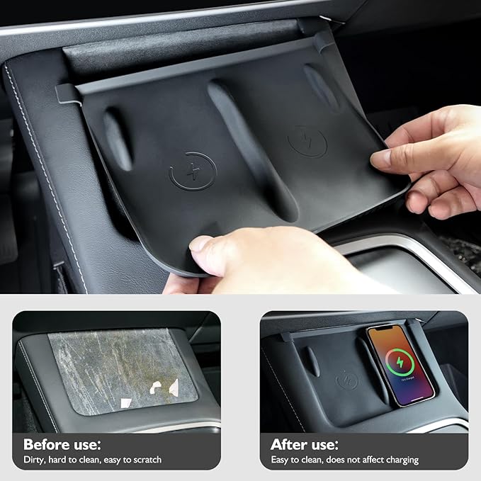 Farmogo Protector Trim Frame for Tesla Model 3 2021-2023 & Model Y 2020-2024 Accessories with Wireless Silicone Charging Mat, Screen Edge Frame and Rearview Mirror Protector Frame (3 PCS Black)