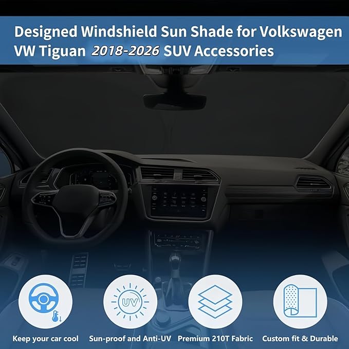 Upgraded Windshield Sun Shade Window Sunshade for 2026 2025 2024 2023 2022 2021 2020 2019 2018 VW Tiguan Accessories Preferred Premium Car Sun Visor UV Protector Fit Volkswagen Tiguan SUV shield Cover