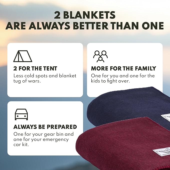 Woolly Mammoth 80% Merino Wool Camping Blanket 2-Pack - Naturally Fire-Resistant and Temperature-Regulating - for Cold Weather, Camping, Bushcraft and Emergency Car Kits (66" x 90", Lapis & Mulberry)