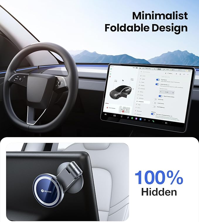 VICSEED Tesla Phone Mount【Strongest Magnet Power】 Foldable Hidden Tesla Phone Holder Fit for All Phones, Tesla Model 3/Y/Cybertruck Accessories, Tesla Model 3 Model Y for MagSafe Car Mount - Blue