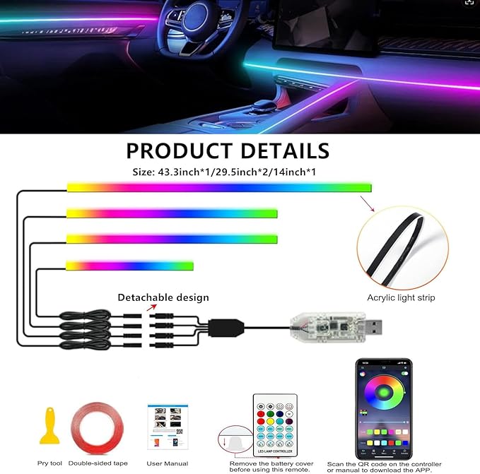 Ambient Lighting Car Led Lights Interior,116in USB Dreamcolor 4 in 1 Acrylic Neon Flexible Strip Fiber Optic LED Ambient Lighting Kits with Remote APP, RGB Music Lights Sync for Inside car Decorations