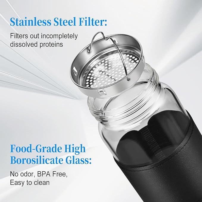 Small Glass Shaker Bottle, 2 Pack 16oz BPA Free Odorless Shaker Bottle with 304SS Mixing Ball and Removable Cleaning Brush for Fitness & Protein Shakes(Black-2Pack)
