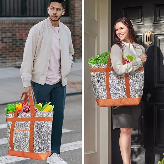 CIVJET Insulated Reusable Tote Bag for Grocery Shopping for Women/Men, Pizza/Food Delivery Bag to Keep Food Cold/Hot for Commercial Delivery Services, Cooler bags for Travel/Beach/Picnic, Cow Print