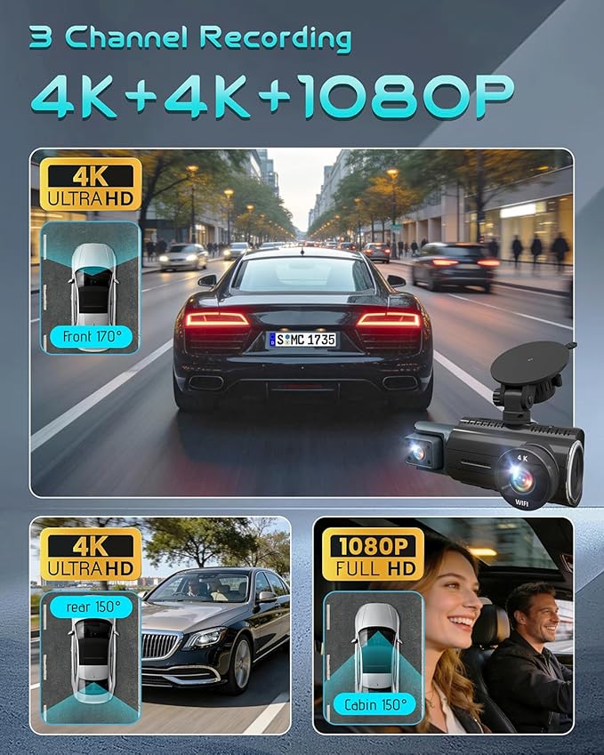 3 Channel Dash Cam Front and Rear, 4K+4K+1080P Car Camera, Free 128GB Card, Built-in GPS, ADAS, 5.8GHz WiFi & APP, Super Night Vision, G-Sensor, Loop Recording, 24H Parking Mode Dash Cam（Black）