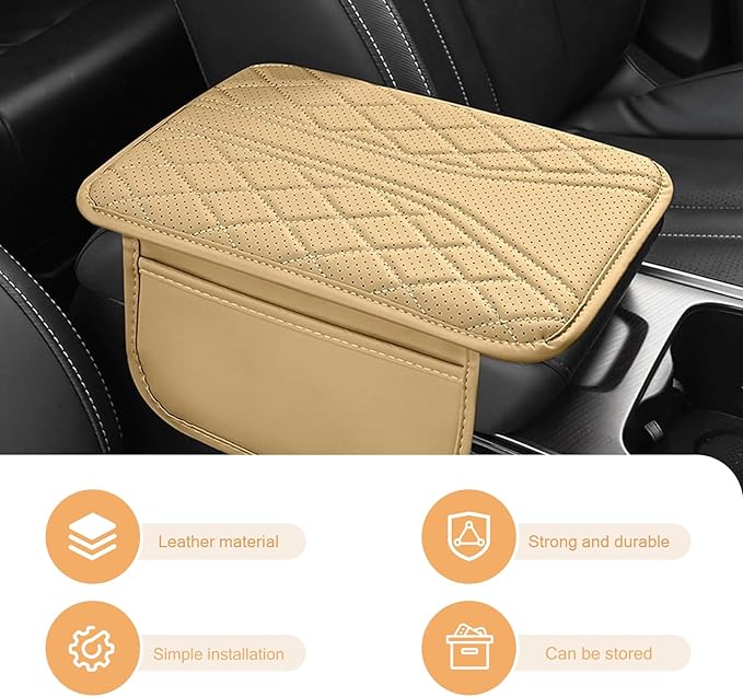 Car Center Console Pad, Leather Car Armrest Box Pad Cover, Vehicle Armrest Protector Cushion with 2 Storage Bags, Universal Arm Rest Pad for Car Interior Accessories Protect (Begie)