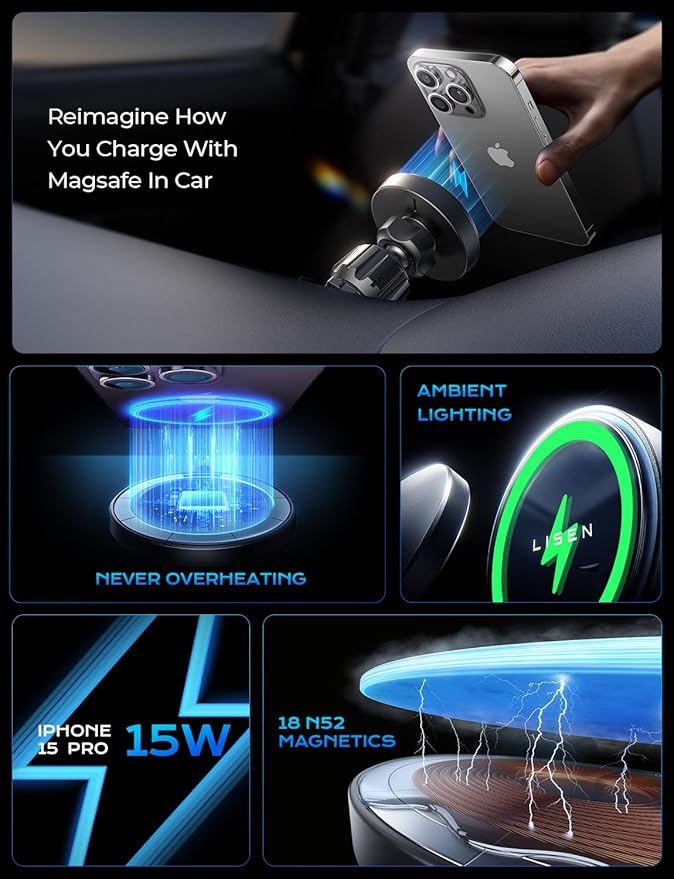 LISEN for 15W MagSafe Car Mount Charger,Wireless Car Charger,Magnetic Phone Holder for Car,Phone Holders for Your Car Accessories for Women Men Jeep Ford F150 for iPhone 17 16 15 14 13 12,Samsung