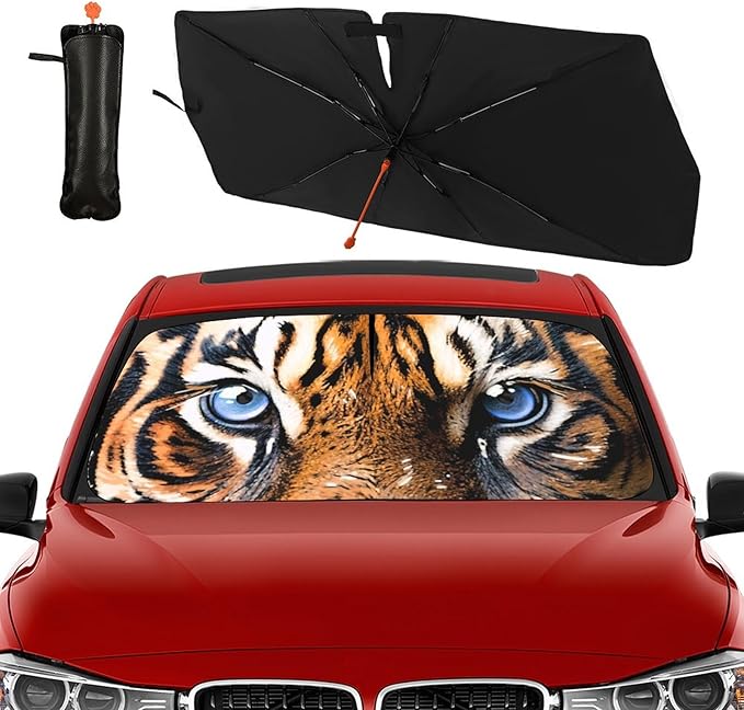 Socira Tiger Eye Car Window Shades Windshield Sun Shade Umbrella Foldable Tiger Sunshade for Front Window Auto Windshield Sunshade Covers Car Accessories 57'' X 30''