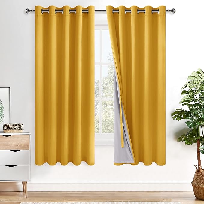 XWZO Extra Wide 100% Blackout Curtains with Tiebacks- Privacy Protection & Noise Blocking Window Draperies Grommet Top with Black Liner for Bedroom/Living Room, Yellow, W60 x L63, Set of 2