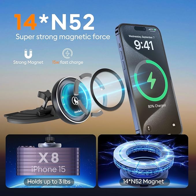 MAGJIEYX CD Slot Magnetic Wireless Car Mount Charger for iPhone 17 16-12, 3X Stable on Bumpy Roads, 99% Car/Truck-Approved, Charging Holder with 3M Dash Sticker, No Air Vent Block (38W Adapter)