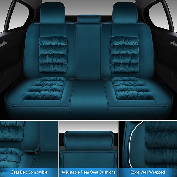 AOOG Fuzzy Car Seat Covers, Heated Bench Back Cushion Protector for Cars SUV Trucks(Full Set,Green)