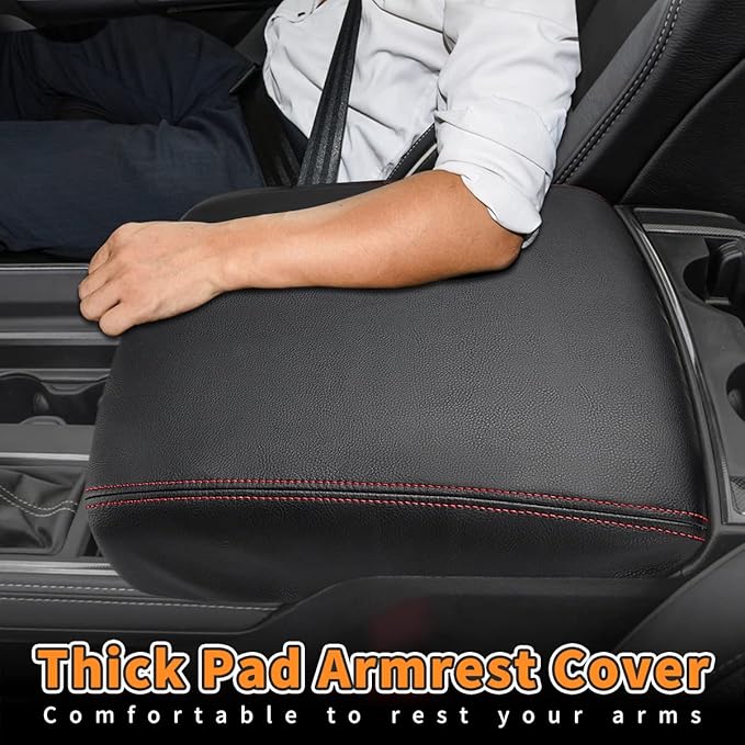 INTGET Car Center Console Armrest Cover for 2022 2023 Dodge Ram 1500 2500 3500 Accessories 2019 2020 2021 Arm Rest Box Lid Protector Pad Cushion Dog Seat Cover (Black with red Stitches)