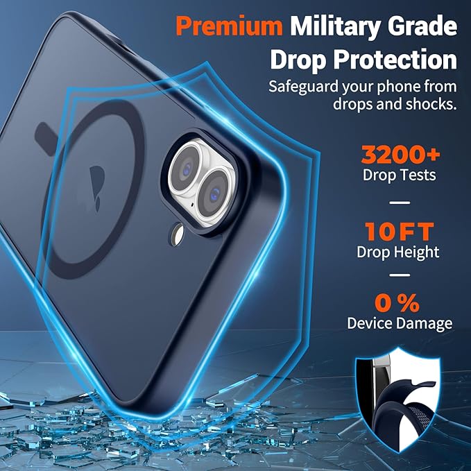 SUPFINE Magnetic for iPhone 16 Plus Case with Screen Protector (Compatible with MagSafe) (Military Grade Drop Protection) Translucent Matte Shockproof Phone Cover,Dark Blue