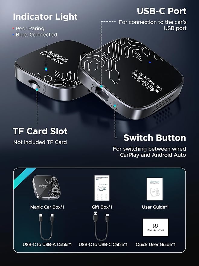 4-in-1 Wireless CarPlay Adapter for Streaming Netflix/YouTube/TikTok/TF Card, 2026 Magic Video AI Box & Android Auto Dongle [Dual Band WiFi, Autolink Pro] Plug & Play, Fits for OEM Wired Car Play Car
