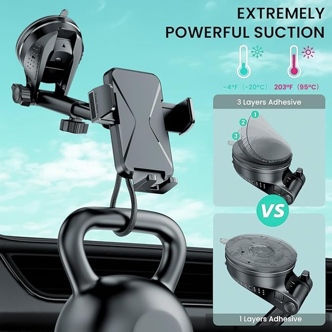 GUWEZ 360° Adjustable Car Phone Holder Universal Hands-Free Mount for iPhone & Android, 3 in 1 Windshield Air Vent Dashboard Hands-Free Car Mount for iPhone Android Smartphone
