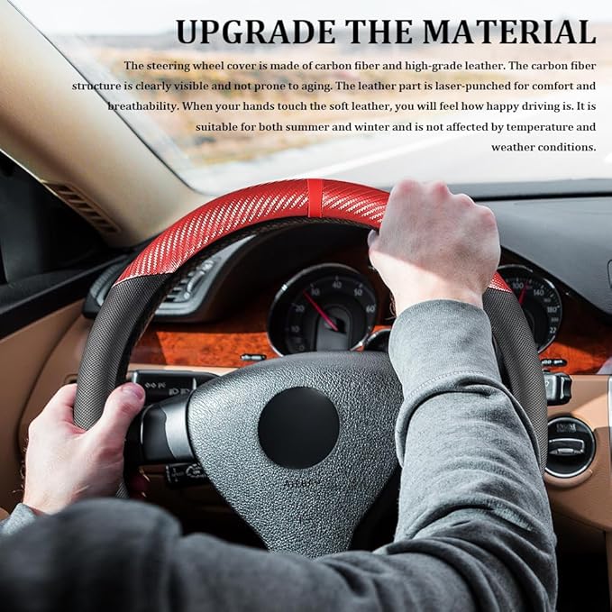 Car Steering Wheel Cover, Steering Wheel Accessories, 15 Inch Microfiber Leather Carbon Fiber Soft Anti-Slip Breathable, Car Accessories Elastic Non-Slip Cover for Most Vehicles (Red)