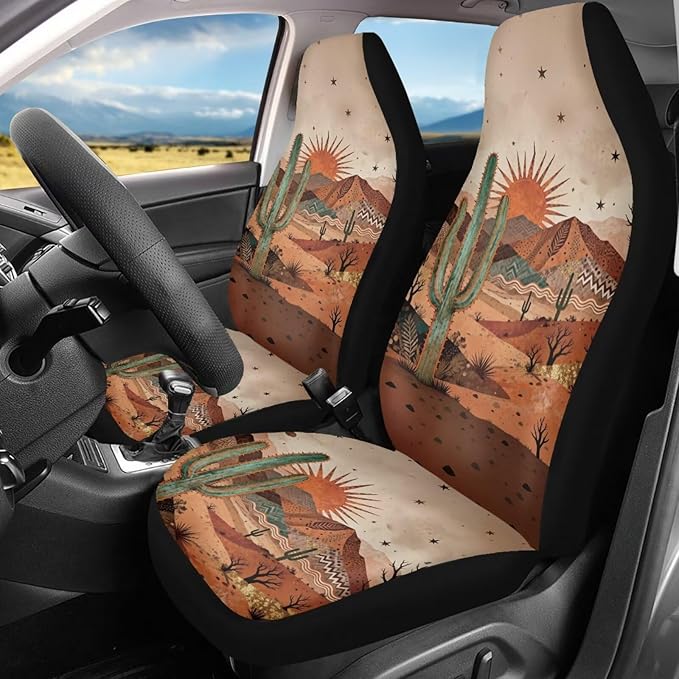 BIGCARJOB Desert Cactus Car Seat Cover Full Set Universal Car Interior Accessories Set Women Auto Interior Seat Protector Saddle Blanket