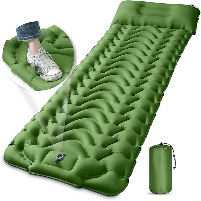 MEETPEAK Camping Sleeping Pad with Pillow, Upgraded Extra Thickness Inflatable Foot Press Camping Mat, Durable Waterproof Lightweight Sleeping Air Mattress for Hiking Backpacking Traveling