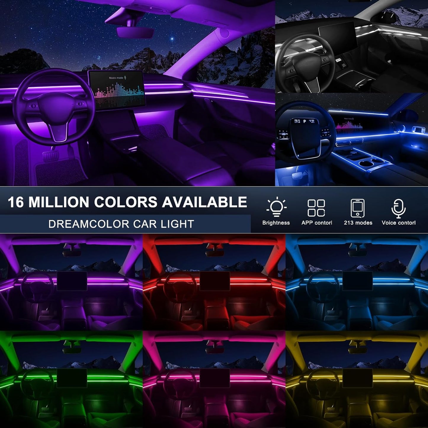 Acrylic Interior Car LED Strip Light with Wireless APP, RGB 14 in 1 with 175 inches 600 LEDs Fiber Optic Car Ambient Lighting Kits, 16 Million Colors Sound Active Function LED Strip for Car
