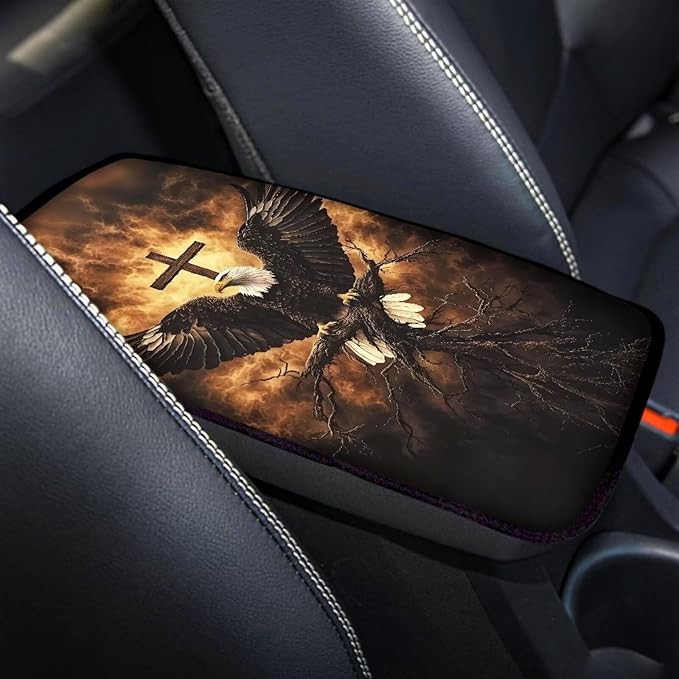 Suobstales Eagle Cross Fire Print Car Armrest Pad Soft Center Console Arm Rest Protector Cover Universal Car Interior Accessories Decoration