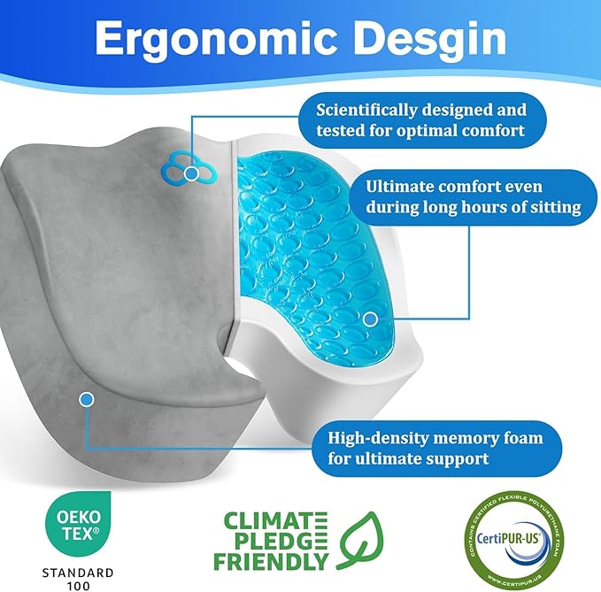 Seat Cushion, Chair Cushions, Office Chair Cushions, Anti-Slip Bottom & Removable Cover Tailbone Pain Relief Cushion, Memory Foam Seat Cushion, 5.28 in Thick (Light Grey)